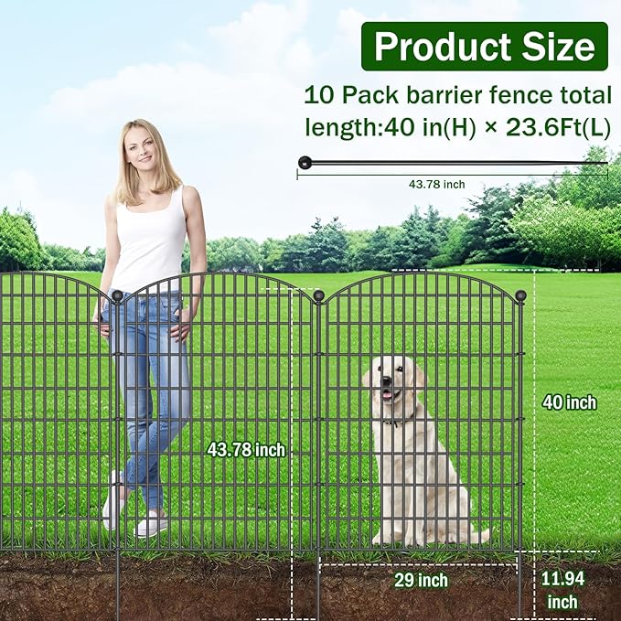 10 Panels No Dig Decorative Garden Fence with Gate - 40 in (H) x 23.6 ft (L), Dog Fence Outdoor for Yard, Rustproof Metal Animal Barrier Ground Stakes Fencing for Garden, Patio, Flower Bed