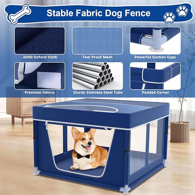 42x42x26 Inches Puppy Playpen with Top Cover, Dog Playpen for Small or Puppy, DogFence Pet Playpen for Indoor & Outdoor, Sturdy Safety Dog Pen with Durable Mesh Windows, Blue