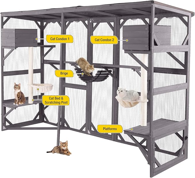 Aivituvin Cat Enclosure Window Outdoor Large Catio Wall Mounted Wooden Cat Cage with Cat Condo, Baskets and Bridge 104.3''