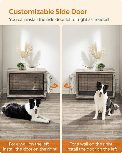 Feandrea Dog Crate Furniture, 38.6" Side End Table, Modern Kennel for Dogs Indoor up to 70 lb, Heavy-Duty Dog Cage with Multi-Purpose Removable Tray, Double-Door Dog House, Greige UPFC003G01