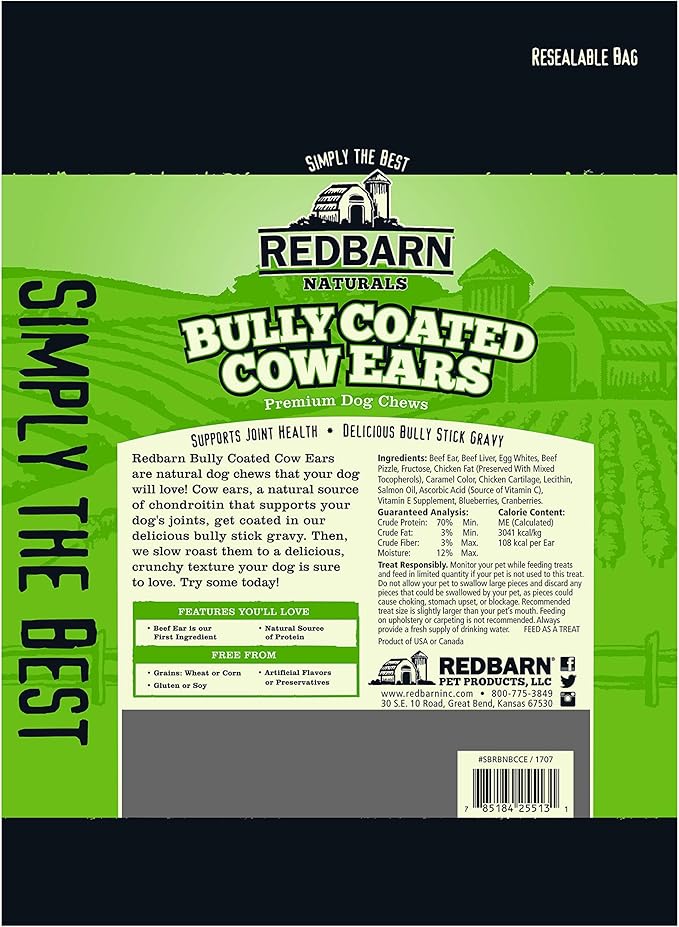 Redbarn All-Natural Bully Coated Cow Ears Chews for Dogs - Premium Crunchy Dental Treats with Chondroitin for Joint Health - Made in USA with No Artificial Ingredients - 4.2 oz Bag