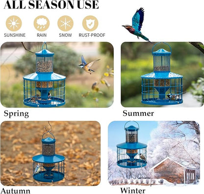 Caged Bird Feeders Squirrel-Proof, Metal, 2.8 Lbs Capacity-Cage Tube Seed Feeders with Tray Outdoor Hanging, Attract Birds,Detachable Cleaning, Starling Proof Wild Bird Feeder（Blue）