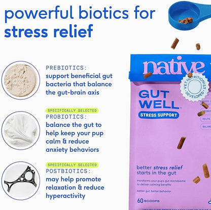 GutWell Stress Support - Dog Anxiety Relief & Calming Treats - Tasty Food Topper for Dog Stress and Anxiety Relief - Support Gut-Brain Axis with Triple-biotic Blend & Magnesium - 60 Scoops