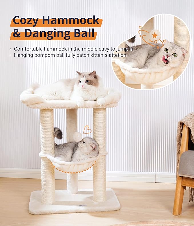 Happi N Pets 28" Large Cat Tree Tower for Indoor Cats, Cat Scratch Post with Large Bed for Maine Coon Big Cats, Sisal Cat Scratcher with Soft Perch & Hammock, Stable Cat Stand, Removable Cover-Beige