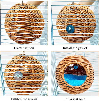 BNOSDM Rattan Bird Nest Parrot Nesting House Parakeet Nesting Soft Lovebird Warm Bed Sleeping for Parrots Bird Cage Accessories for Cockatiels Budgerigars Finches Canaries (Single-Hole Style)