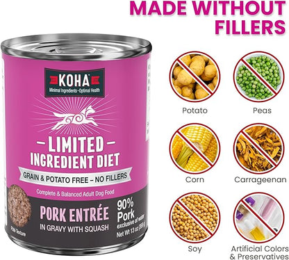 KOHA Limited Ingredient Diet Pork Entrée for Dogs- Sensitive Stomach Canned Dog Food - High Protein, No Fillers Pate Dog Food - 13 oz Pack of 12