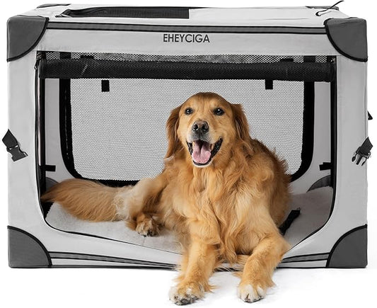 EHEYCIGA Collapsible Dog Crate 36 Inches, Portable Travel Crate for Large Dogs, Soft Foldable Pet Kennel with 4-Door Mesh Windows Indoor & Outdoor, Grey