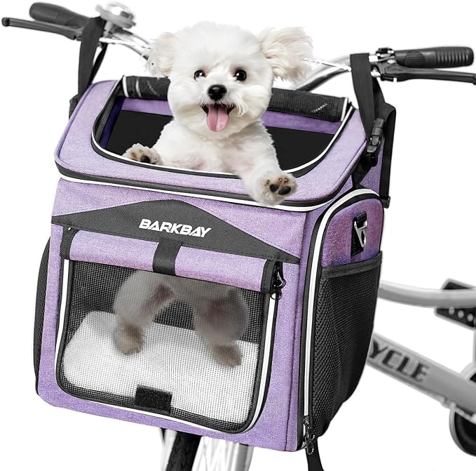 BARKBAY Dog Bike Basket Carrier, Expandable Foldable Soft-Sided Dog Carrier, 2 Open Doors, 5 Reflective Tapes, Pet Travel Bag,Dog Backpack Carrier Safe and Easy for Small Medium Cats and Dogs(Purple)