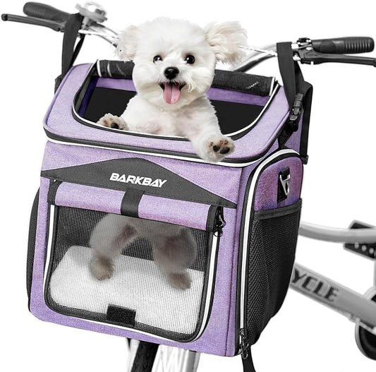 BARKBAY Dog Bike Basket Carrier, Expandable Foldable Soft-Sided Dog Carrier, 2 Open Doors, 5 Reflective Tapes, Pet Travel Bag,Dog Backpack Carrier Safe and Easy for Small Medium Cats and Dogs(Purple)