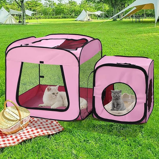 Royizen Puppy Cat Tent Playpen Foldable Waterproof Dog Crate Kennel Indoor Outdoor Portable Playpen Kitten and Small Pets Pop Up Kennel Cat Travel Carrier with Litter Box Enclosure, Pink
