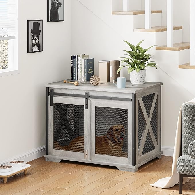 GAOMON Dog Crate Furniture with Slidings Doorsï¼_ooden Dog Kennel End Table with Flip-top Plate for Dogsï¼_ndoor Dog Crate Furniture with Detachable Divider for Medium Dogs, Dog House,Grey