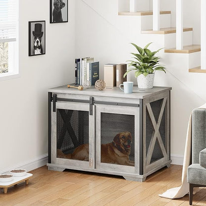 GAOMON Dog Crate Furniture with Slidings Doorsï¼_ooden Dog Kennel End Table with Flip-top Plate for Dogsï¼_ndoor Dog Crate Furniture with Detachable Divider for Medium Dogs, Dog House,Grey