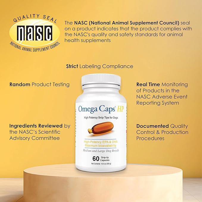 Omega Caps HP Snip Tips for Cats and Small Dogs High Potency EPA and DHA Maximum Bioavailability Fish Oil Supplement Vet Formulated Made in USA Skin Coat Joint and Heart Health 60 Capsules