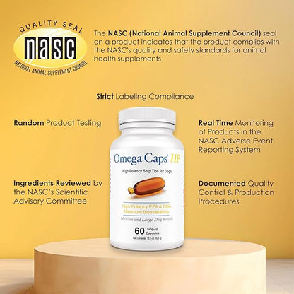 Omega Caps HP Snip Tips for Cats and Small Dogs High Potency EPA and DHA Maximum Bioavailability Fish Oil Supplement Vet Formulated Made in USA Skin Coat Joint and Heart Health 60 Capsules