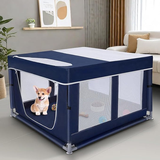 Dog Playpen 42 _ 42 inch, Puppy Playpen with Removable Roof, 25 Height Pet Playpen with Zipper Door for Small Dogs and Small Animals, Dog Fence Indoor & Outdoor