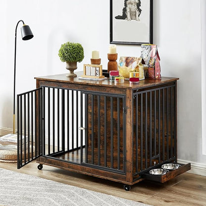 Furniture Dog Crate with Pull-Out Bowls, Wood Dog Kennel End Table with Wheels & Flip-Top, Indoor Pet House for Small to Medium Dogs/Cats, Simple Assembly Brown 43.7" W x 30" D x 33.7" H