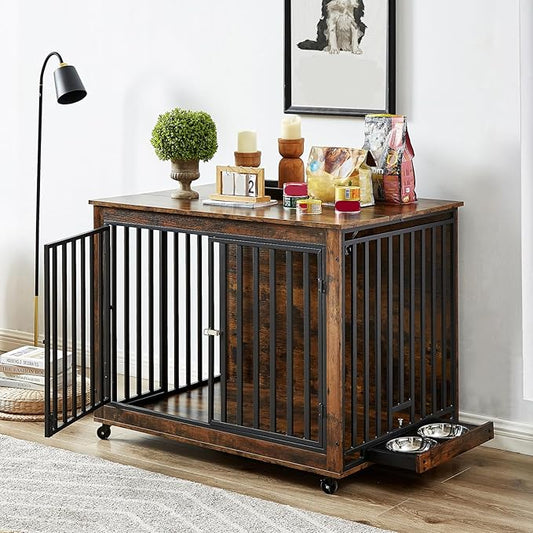 Furniture Dog Crate with Pull-Out Bowls, Wood Dog Kennel End Table with Wheels & Flip-Top, Indoor Pet House for Small to Medium Dogs/Cats, Simple Assembly Brown 43.7" W x 30" D x 33.7" H