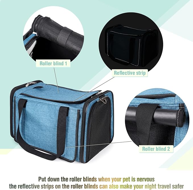 YUDODO 25 lbs Lightproof Pet Carriers Airline Approved Dog Cat Travel Soft Sided Carrier Reflective Mesh Safe Pet Cat Carrier Foldable Portable Small Animal Rabbit Puppy Cat Carrier (Large, Lake blue)