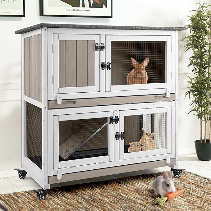 2 Story Rabbit Hutch Indoor with 2 Deeper Pull-Out Trays, Wooden Rabbit Cage with 4 Lockable Wheels, Ramp, Chew-Anti Metal Strip for Rabbit, Guinea Pig, Hamster(36" L x 17.8" W x 36.7" H)