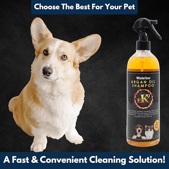 E3 Waterless Dog Shampoo 16 oz - Argan Oil Scented Dry Shampoo for Dogs & Cats - No Rinse - Waterless Pet Shampoo for Grooming - Softens Coat & Controls Odor - Dog Dry Shampoo, Safe & Easy Bathing