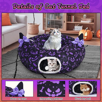 Tidjani Halloween Cat Tunnel, Cat Tunnels for Indoor Cats, Foldable Pet Donut Bed with Washable Mat and Dangling Balls, Purple Bowknot, Ghost Spider Pattern Decor Pet Toys for Small Animals