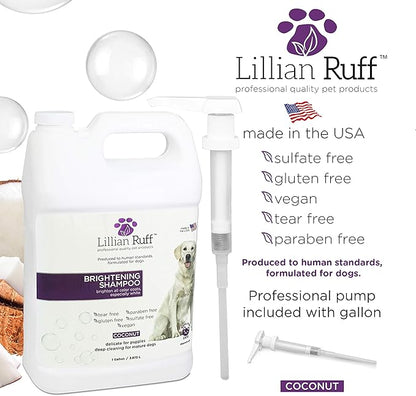 Lillian Ruff Ultra-Brightening Professional Whitening Shampoo for Dogs with Aloe & Coconut Oil for Dry Skin & Itch Relief - pH-Balanced Dog Whitening Shampoo Remove Stains, & Yellowing (Gallon/Pump)