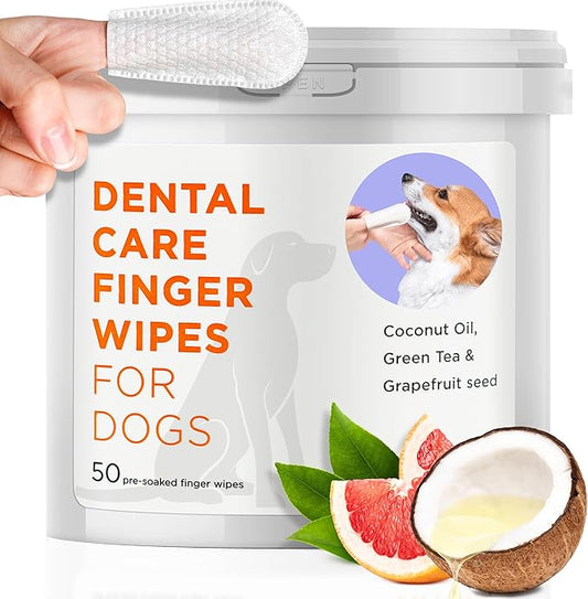 Dental Finger Wipes for Dogs - 50 Wipes - Vet Formulated Dog Dental Teeth Cleaning Wipes for Dogs - Pre-Soaked Oral Cleaning Pads - Reduces Plaque, Tartar & Dog Breath Freshener