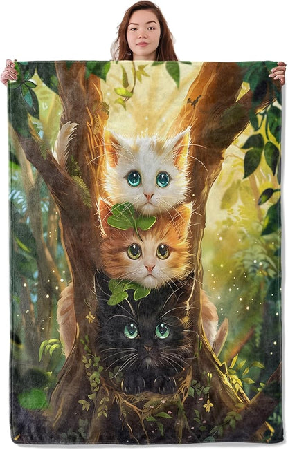 Cute Kitten Trio Blanket, Soft Warm Cozy Adorable Cats Throw Blanket Gifts for Adults Kids Women, Lightweight Fuzzy Comfy Flannel Blankets for Couch, Travel, Bed, House Decor 50×40 Inch