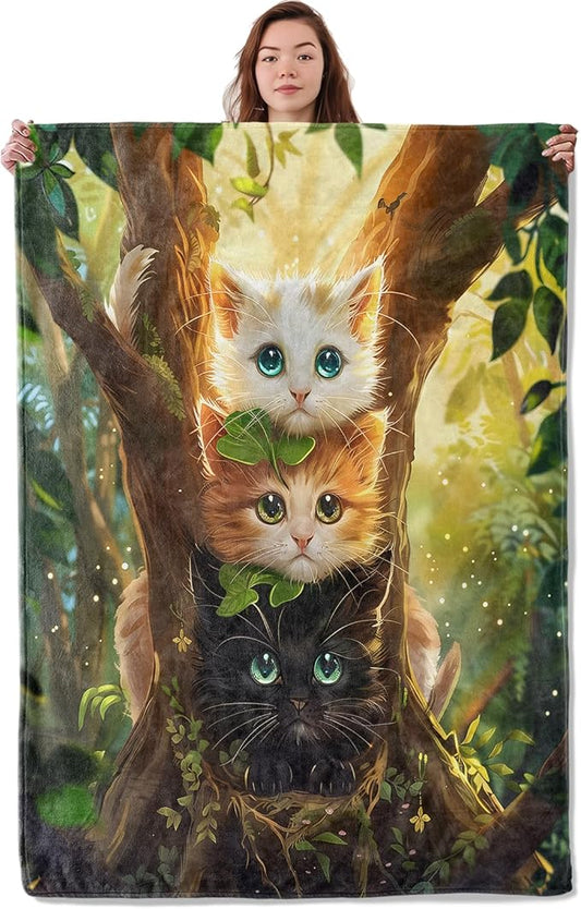 Cute Kitten Trio Blanket, Soft Warm Cozy Adorable Cats Throw Blanket Gifts for Adults Kids Women, Lightweight Fuzzy Comfy Flannel Blankets for Couch, Travel, Bed, House Decor 50×40 Inch