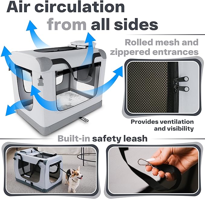 Folding Large Dog Carrier (27.5"x20.4"x19.6"), Pet Carrier, Soft Dog Crate with 3 Durable Tear-Resistant Mesh Window, Soft Pad and Bag for Supplies, Travel Crate Kennel for Pets (Gray)