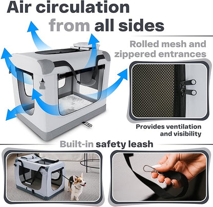Folding X-Large Dog Carrier (32,2"*22,8"*22,8") Pet Carrier, Soft Dog Crate with 3 Durable Tear-Resistant Mesh Window, Soft Pad and Bag for Supplies, Travel Crate Kennel for Pets (Gray)
