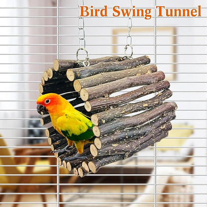 BNOSDM Wooden Bird Tunnel Parrot Swing Toys Natural Fruitwood Hanging Nest Parrot Hammock Bird Cage Accessories for Conures, Parakeets, Budgies, Finches, Cockatiels, Lovebirds (L)