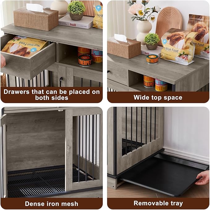 32Inch Dog Crate Wooden Lockable Dog Kennel with Removable Tray and Storage Drawer Indoor Dog Crate Furniture End Table Pet Cage 32.3'' W x 22.8'' D x 33.5'' H Grey