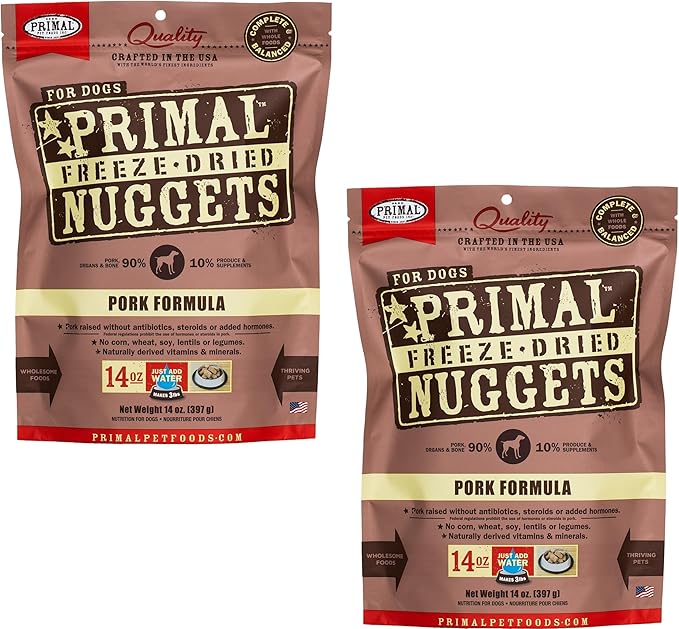 Primal Freeze Dried Raw Dog Food Nuggets, Pork, Complete & Balanced Meal, Also Use as Topper or Treat, Premium, Healthy, Grain Free, High Protein Raw Dog Food, 14 oz (Pack of 2)
