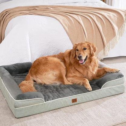 EHEYCIGA Orthopedic Dog Beds for Extra Large Dogs, Waterproof Memory Foam XL Dog Bed with Sides, Non-Slip Bottom and Egg-Crate Foam Big Dog Couch Bed with Washable Removable Cover, Greyish Green