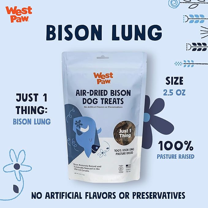 WEST PAW Air Dried Bison Lung Dog Treats  Farm Fresh Bison Lung Snacks for Dogs  Wholesome Canine Treat  Vitamins, Minerals, Proteins  One-Ingredient Treat  2.5 Oz. (1 Pack)
