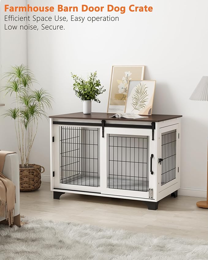 Piskyet Dog Crate Furniture Barn Door Dog Crate for Large Dogs Up to 60 lbs,Sliding Door Dog Crate Modern Decorative End Side Table Nightstand