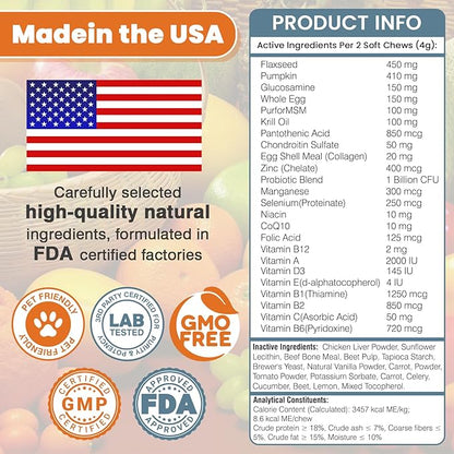 24-in-1 Dog Vitamins and Supplements 200 Ct Dogs Multivitamin Chewable Contain Chondroitin Probiotics Omega-3 Glucosamine for Dogs Skin Coat Heart Joint Gut Liver Brain Immune Support - Peanut Butter