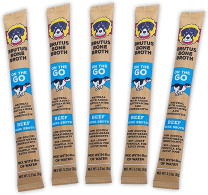 Brutus Bone Broth for Dogs - Bone Broth Powder with Chondroitin Glucosamine & Turmeric - Human Grade Dog Food Toppers for Dry Food & Picky Eaters - 5 Stick (Beef)