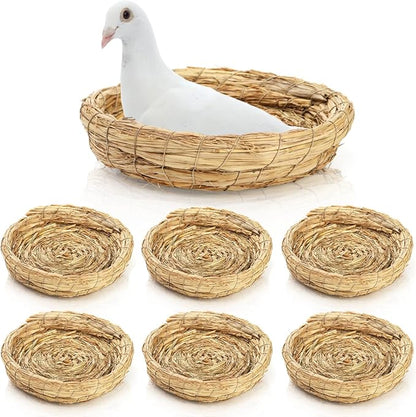 6 Packs Woven Straw Bird Nests, 8" Handmade Flat Base Spawning Nest, Small Animal Breeding Bed Hatch House Cage Accessories for Dove Pigeon Parrot Cuckoo Sparrow Rabbits Chinchillas Hamster