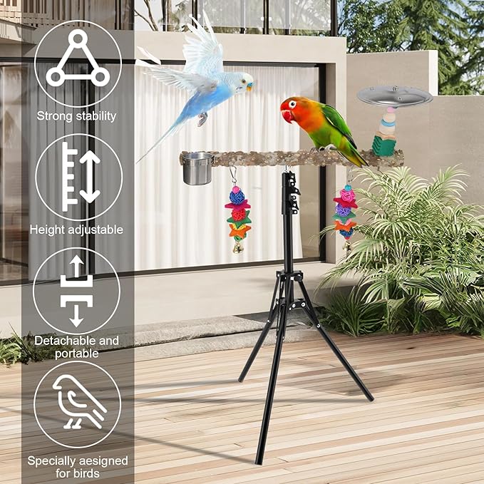 72" Parrot Stand, Adjustable Height Bird Perch, Pepper Wood Perch Stand, Parakeet Perches with Feeding Cups, Swing Toy, Toy Cymbals，Parrot Stands for Indoor & Outdoor Small to Medium Bird.