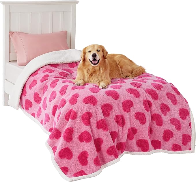 Lesure Waterproof Puppy Blanket for Large Dogs - Washable Double Sided Dog Blankets with Warm Jacquard Shag and Soft Sherpa Fleece, Pet Cat Blanket for Bed Protection, Love Pattern Design，Pink