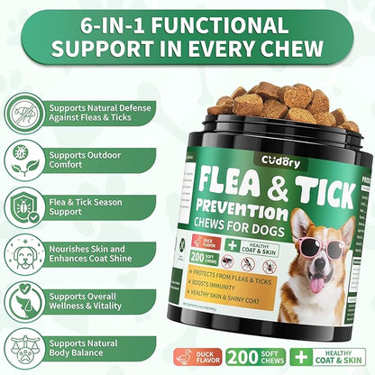 Flea and Tick Prevention for Dogs Chews – 200 Soft Chews, Dog Flea Chewables with Skin & Coat Support – Oral Supplement for All Breeds & Ages – Natural Duck Flavor