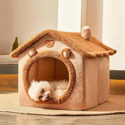 Jiupety Dog House Dog Bed with Cover Cave with Non-Slip Bottom, M Size Tent Bed Up to 15 Lbs Cat and Puppy, Brown