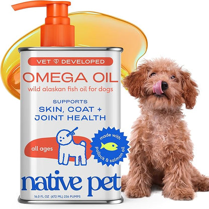 Native Pet Omega 3 Fish Oil for Dogs & Cats - Promotes Healthy Skin, Shiny Coat, & Strong Joints - Made with Wild Alaskan Salmon Oil for Dogs  Tasty, Fast-Absorbing Omega 3 6 9 Liquid Supplement-16oz