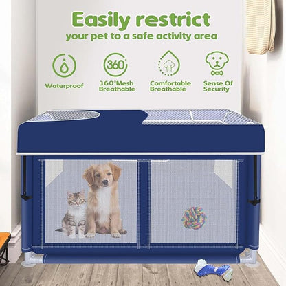 Dog Playpen with Cover, 42x42x25.6 Inches Foldable Portable Soft Puppy Playpen with Gate, Thickened Fabric Mesh Dog Fence with High-Strength Nylon Wire Mesh, Indoor Outdoor Breathable Exercise Cage