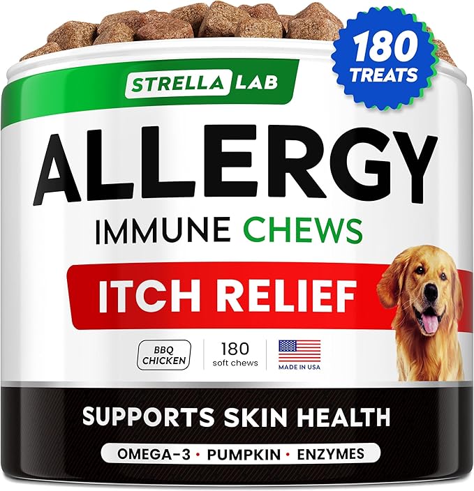 STRELLALAB Dog Allergy Relief & Anti Itch Support Chews w/Omega 3: Real Ingredients, Real Taste! Skin & Coat Immune Supplement w/Fish Oil, Pumpkin & Enzymes — BBQ Chicken - 180Ct