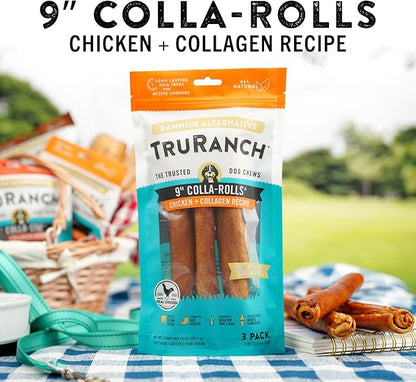TRURANCH Collagen Rolls - 9" Collagen Rolls for Dogs - Long Lasting Healthy Joint Support - Rawhide Alternative - Skin & Coat Health - Made with Real Chicken, Value Pack, 3 Bags, 9 Count