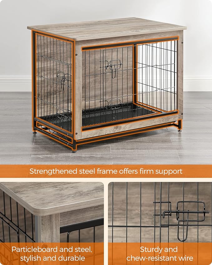 Feandrea Dog Crate Furniture, 32.5" Side End Table, Modern Kennel for Dogs Indoor up to 45 lb, Heavy-Duty Dog Cage with Multi-Purpose Removable Tray, Double-Door Dog House, Greige UPFC002G01