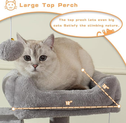 Cat Tree, 70-Inch Cat Tree Tower with Hammock, Scratching Post, Condo and Multi-Level Cat Tower, Large Cat Activity Center Playhouse, Light Gray LCT015